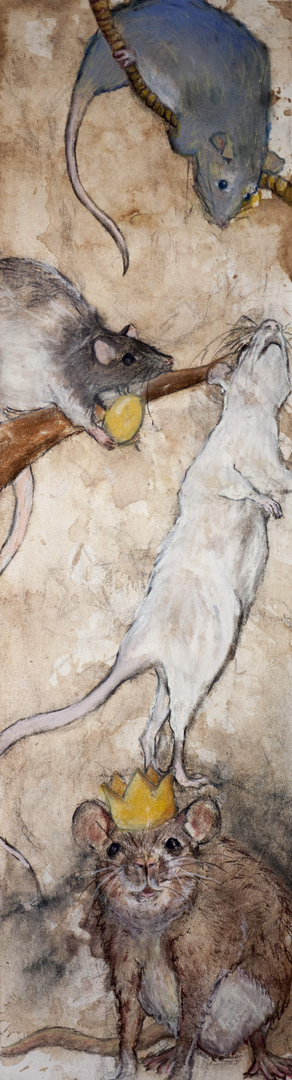 Four rats of various breeds arranged on a long format picture. The middle rat is holding a golden egg, and the lowest rat is wearing a god crown.